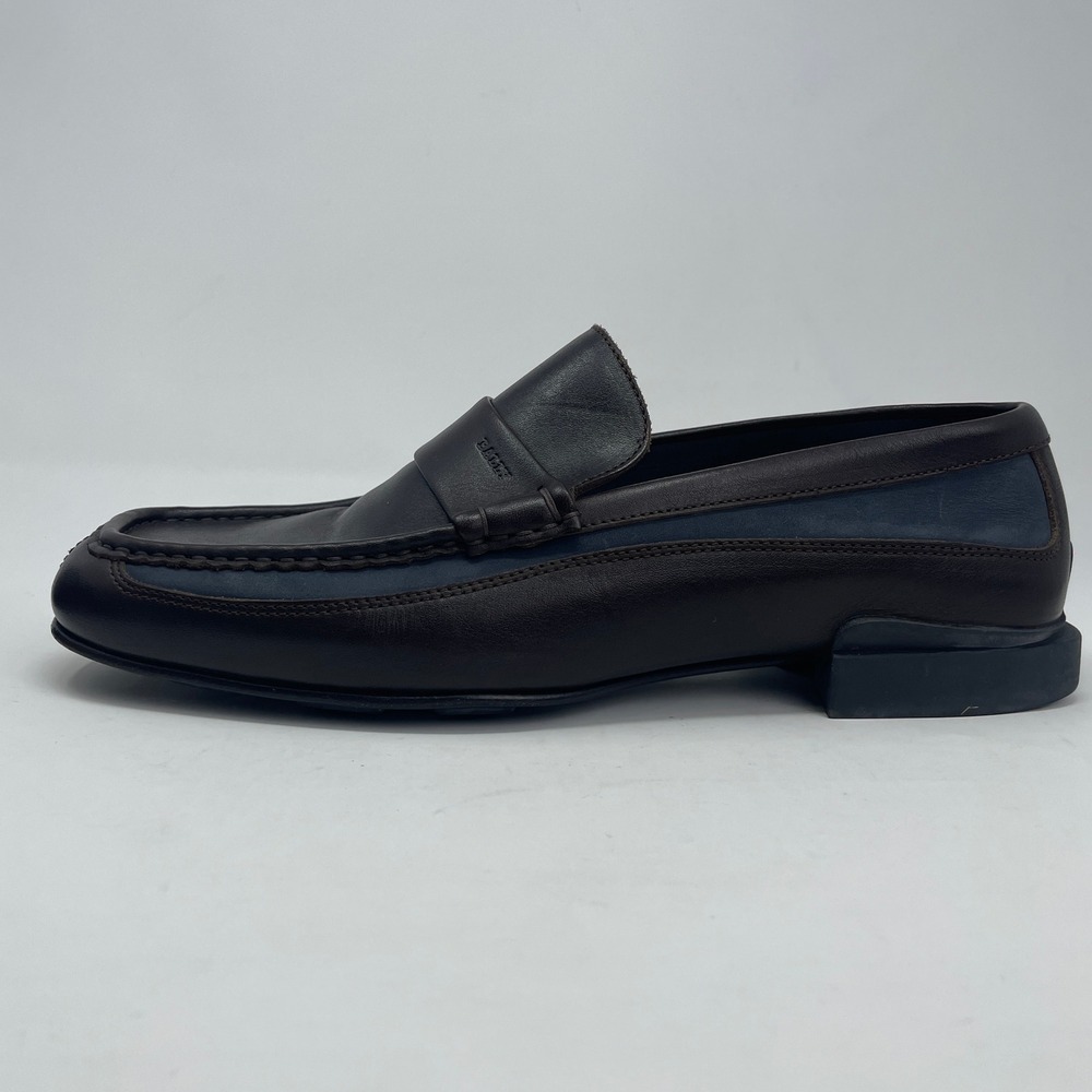 Bally Rumo Men 10.5 D Brown Leather Navy Suede Preppy Penny Loafers Italian Made
